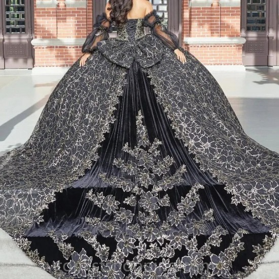 Sweetheart Black Quinceanera Dress Ball Gown Puff Sleeve Princess Appliques Beaded Vestidos De 15 Años