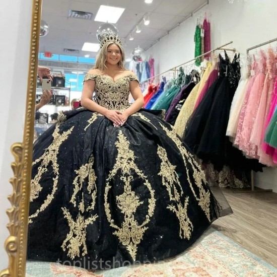 Sweetheart Black Quinceanera Dresses 2024 Gold Appliques Beads Sweet 15 16 Ball Gown