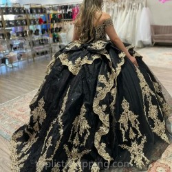 Sweetheart Black Quinceanera Dresses 2024 Gold Appliques Beads Sweet 15 16 Ball Gown