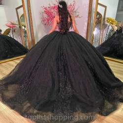 Black Sweetheart Shiny Quinceanera Dresses Beads Applique Lace Beads Tull Sweet 15 Birthday Party Ball Gowns