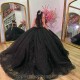 Black Sweetheart Shiny Quinceanera Dresses Beads Applique Lace Beads Tull Sweet 15 Birthday Party Ball Gowns