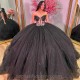 Black Sweetheart Shiny Quinceanera Dresses Beads Applique Lace Beads Tull Sweet 15 Birthday Party Ball Gowns