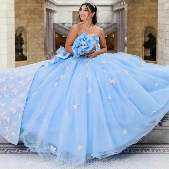 Blue Quinceanera Dress 3D Butterfly Off Shoulder Corset Ball Gown Bow Applique Lace Sweet 16 Vestidos De 15 Años