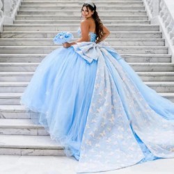 Blue Quinceanera Dress 3D Butterfly Off Shoulder Corset Ball Gown Bow Applique Lace Sweet 16 Vestidos De 15 Años