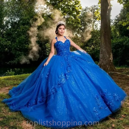 Ruffles Blue 3D Flowers Appliques Lace Shiny Quinceanera Dresses Spaghetti Strap Corset Vestidos De 15 Años