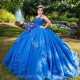 Ruffles Blue 3D Flowers Appliques Lace Shiny Quinceanera Dresses Spaghetti Strap Corset Vestidos De 15 Años