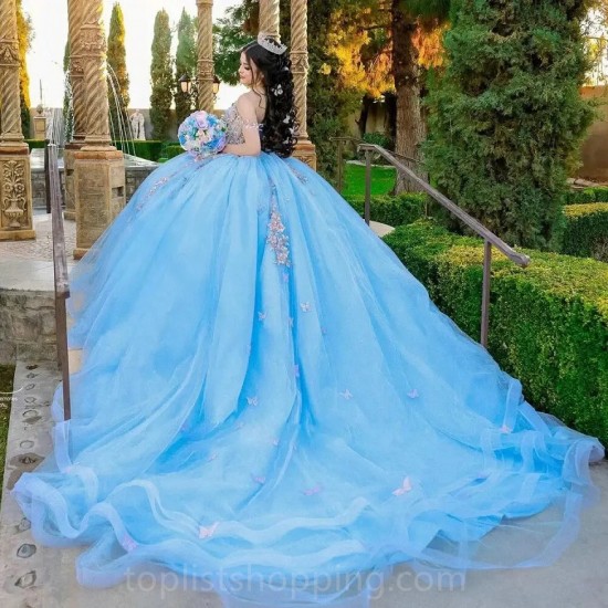 Off Shoulder Blue 3D Flowers Quinceanera Dress Beading Appliques Mexican Sweet 16 Ball Gown Vestidos De 15 Años