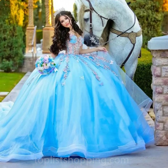 Off Shoulder Blue 3D Flowers Quinceanera Dress Beading Appliques Mexican Sweet 16 Ball Gown Vestidos De 15 Años