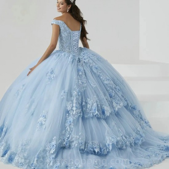 Sweetheart Blue Ball Gown Quinceanera Dress 2024 Off The Shoulder Appliques Lace Beading Birthday Party Dress