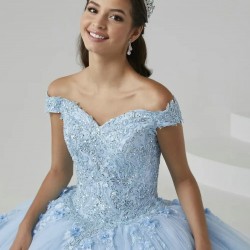 Sweetheart Blue Ball Gown Quinceanera Dress 2024 Off The Shoulder Appliques Lace Beading Birthday Party Dress