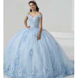 Sweetheart Blue Ball Gown Quinceanera Dress 2024 Off The Shoulder Appliques Lace Beading Birthday Party Dress