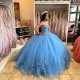 Tulle Applique Blue Ball Gown Quinceanera Dresses 15 Party Glitter Formal Masquerade Cinderella Birthday Gowns