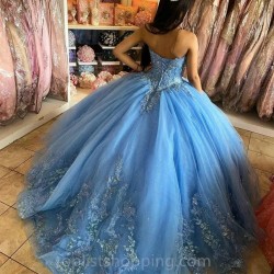 Tulle Applique Blue Ball Gown Quinceanera Dresses 15 Party Glitter Formal Masquerade Cinderella Birthday Gowns