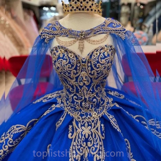 Tull Floral Corset vestidos de xv 15 años Blue Ball Gown Quinceanera Dresses with Cloak Cape Cathedral Train