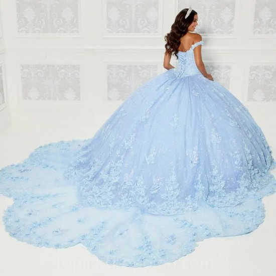 Blue Quinceanera Dresses Beading Applique Lace Off The Shoulder Ball Gown Flowers Sweet 15 فساتين quinceanera