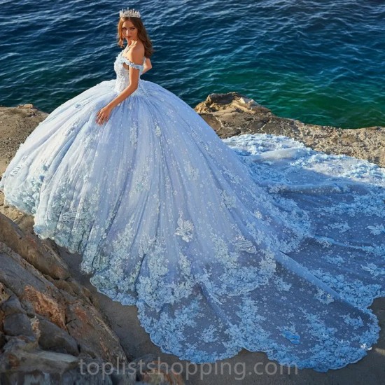 Blue Quinceanera Dresses Beading Applique Lace Off The Shoulder Ball Gown Flowers Sweet 15 فساتين quinceanera