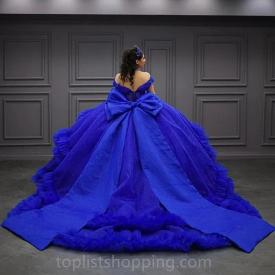 Glitter Blue Ball Gown Quinceanera Dresses 2024 Flower Beads Tull Tiered Girls Birthday Vestidos De 15 Años