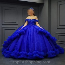 Glitter Blue Ball Gown Quinceanera Dresses 2024 Flower Beads Tull Tiered Girls Birthday Vestidos De 15 Años