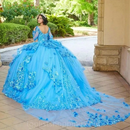 Long Sleeve Blue Quinceanera Dress 2024 Ball Gown Lace Appliques Beaded Sweet 16 Dress