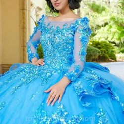 Long Sleeve Blue Quinceanera Dress 2024 Ball Gown Lace Appliques Beaded Sweet 16 Dress