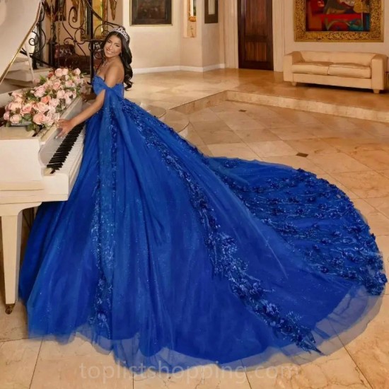 Off The Shoulder Blue 15 Year Old Quinceanera Dress Sweet 16 Dress Applique Lace Tull Beads Party Gown