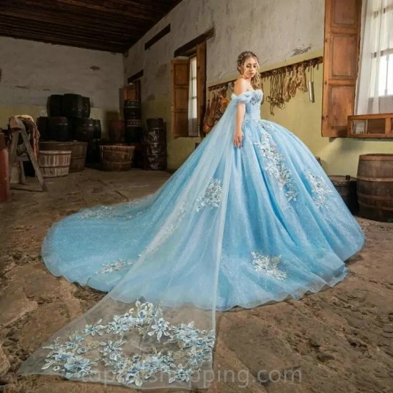 Blue Quinceanera Dresses 2024 Sweetheart Off Shoulder Ribbon Puffy Skirt Girls Sweet 15 16 Birthday Gowms