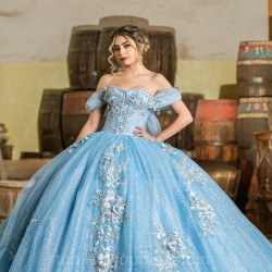 Blue Quinceanera Dresses 2024 Sweetheart Off Shoulder Ribbon Puffy Skirt Girls Sweet 15 16 Birthday Gowms