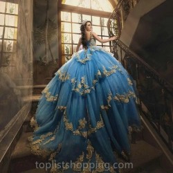 Blue Quinceanera Dresses 2024 V Neck Spaghetti Layers Golden Long Puffy Skirt Girls Sweet 15 16 Birthday Dress