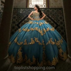 Blue Quinceanera Dresses 2024 V Neck Spaghetti Layers Golden Long Puffy Skirt Girls Sweet 15 16 Birthday Dress