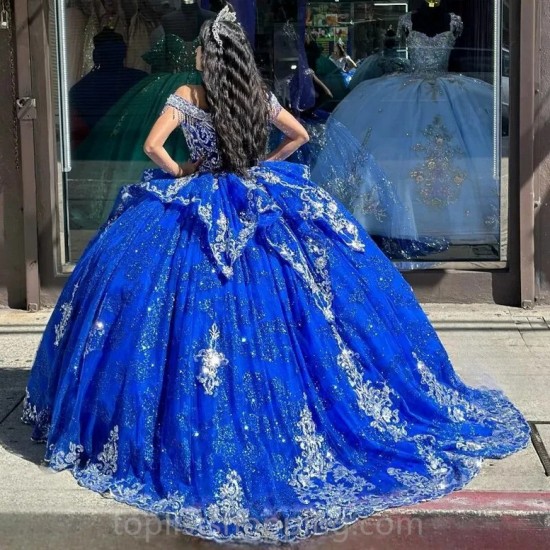 Blue Shiny Princess Quinceanera Dress Off Shoulder Lace Applique Sweet 16 Vestidos De 15 Años