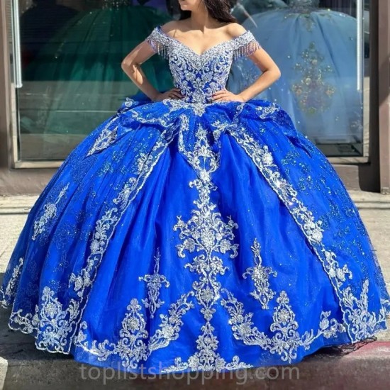 Blue Shiny Princess Quinceanera Dress Off Shoulder Lace Applique Sweet 16 Vestidos De 15 Años