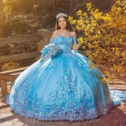 Blue Shiny Quinceanera Dress For Sweet 16 Girls Beads Appliques Princess Ball Gown