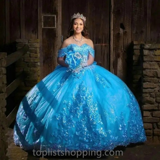 Blue Shiny Quinceanera Dress For Sweet 16 Girls Beads Appliques Princess Ball Gown