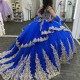 Blue Shiny Quinceanera Dresses Gold Applique Lace Off the Shoulder Ball Gown