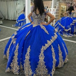 Blue Shiny Quinceanera Dresses Gold Applique Lace Off the Shoulder Ball Gown