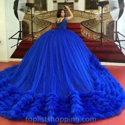 Blue Shiny Quinceanera Dresses Off The Shoulder Appliques Lace Beads Tull Tiered Vestidos De 15