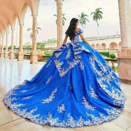 Off The Shoulder Blue Shiny Quinceanera Dresses Ball Gown Gold Appliques Lace Beads Tull Corset Princess Dress