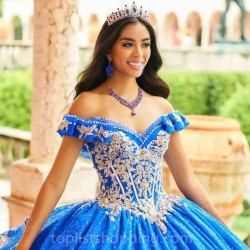 Off The Shoulder Blue Shiny Quinceanera Dresses Ball Gown Gold Appliques Lace Beads Tull Corset Princess Dress