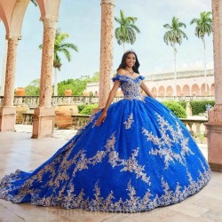 Off The Shoulder Blue Shiny Quinceanera Dresses Ball Gown Gold Appliques Lace Beads Tull Corset Princess Dress