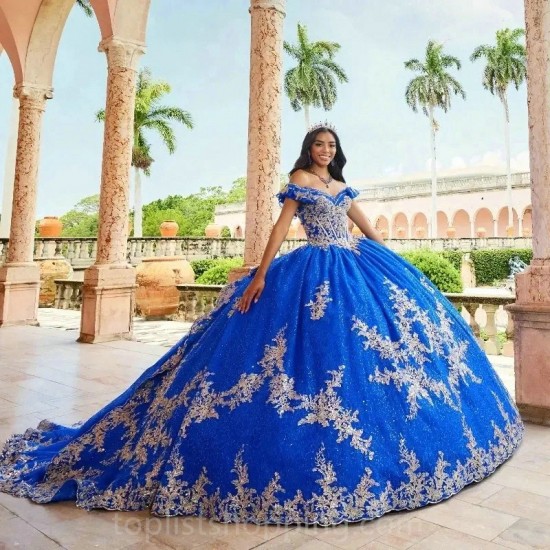 Off The Shoulder Blue Shiny Quinceanera Dresses Ball Gown Gold Appliques Lace Beads Tull Corset Princess Dress