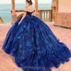 Blue Shiny Quinceanera Dresses Tulle Beading Off The Shoulder Party Dress Court Train Prom Ball Gown