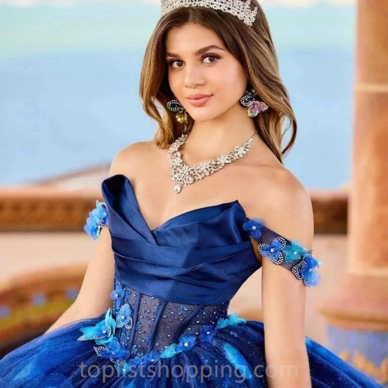 Blue Shiny Quinceanera Dresses Tulle Beading Off The Shoulder Party Dress Court Train Prom Ball Gown