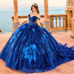 Blue Shiny Quinceanera Dresses Tulle Beading Off The Shoulder Party Dress Court Train Prom Ball Gown