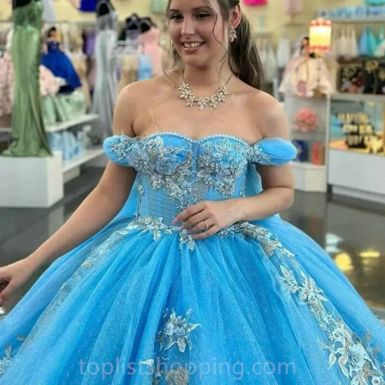 Sweetheart Blue Shiny Quinceanera Dress Ball Gown With Cape Appliques Lace Beads Sweet 16 Vestidos De Fiesta