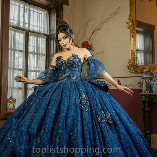 Blue Shiny Tulle Quinceanera Dresses Sweetheart Beads Applique Lace Beads Ball Gown Sweet Sixteen Dress