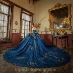 Blue Shiny Tulle Quinceanera Dresses Sweetheart Beads Applique Lace Beads Ball Gown Sweet Sixteen Dress