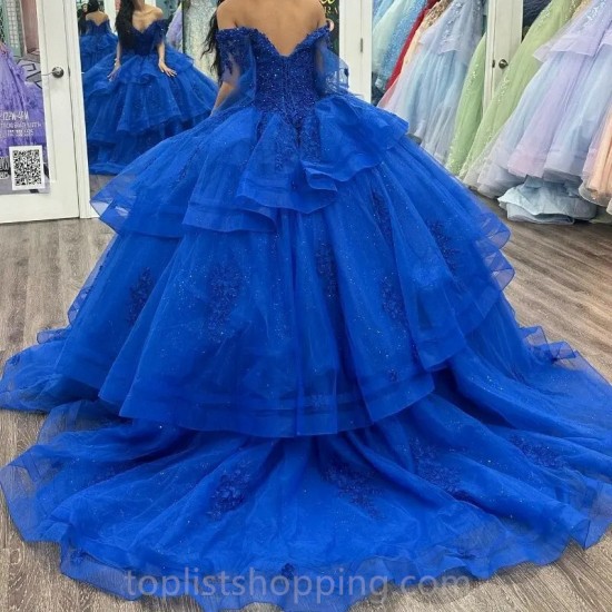 V-Neck Blue Shiny Quinceanera Dresses Off the Shoulder Sweet 16 Gowns Applique Vestidos 15 De Quinceañera