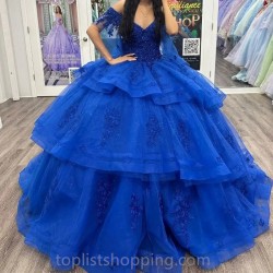 V-Neck Blue Shiny Quinceanera Dresses Off the Shoulder Sweet 16 Gowns Applique Vestidos 15 De Quinceañera