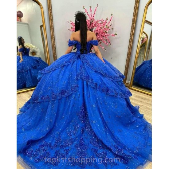 Sparkly Blue Quinceanera Dresses Off Shoulder Fairy princesse bleu royale Sweet 15 robe gown