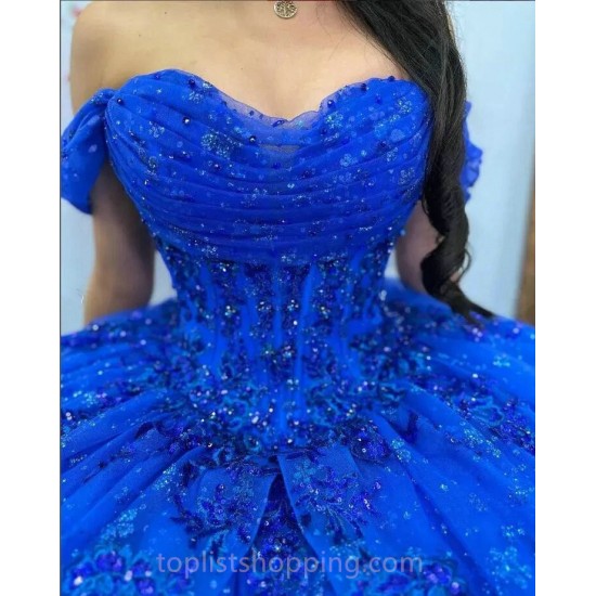 Sparkly Blue Quinceanera Dresses Off Shoulder Fairy princesse bleu royale Sweet 15 robe gown